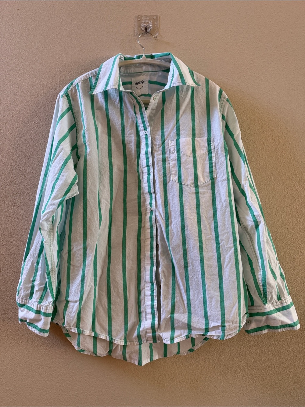 Aerie Women's Green & White Striped Button-Up Shirt